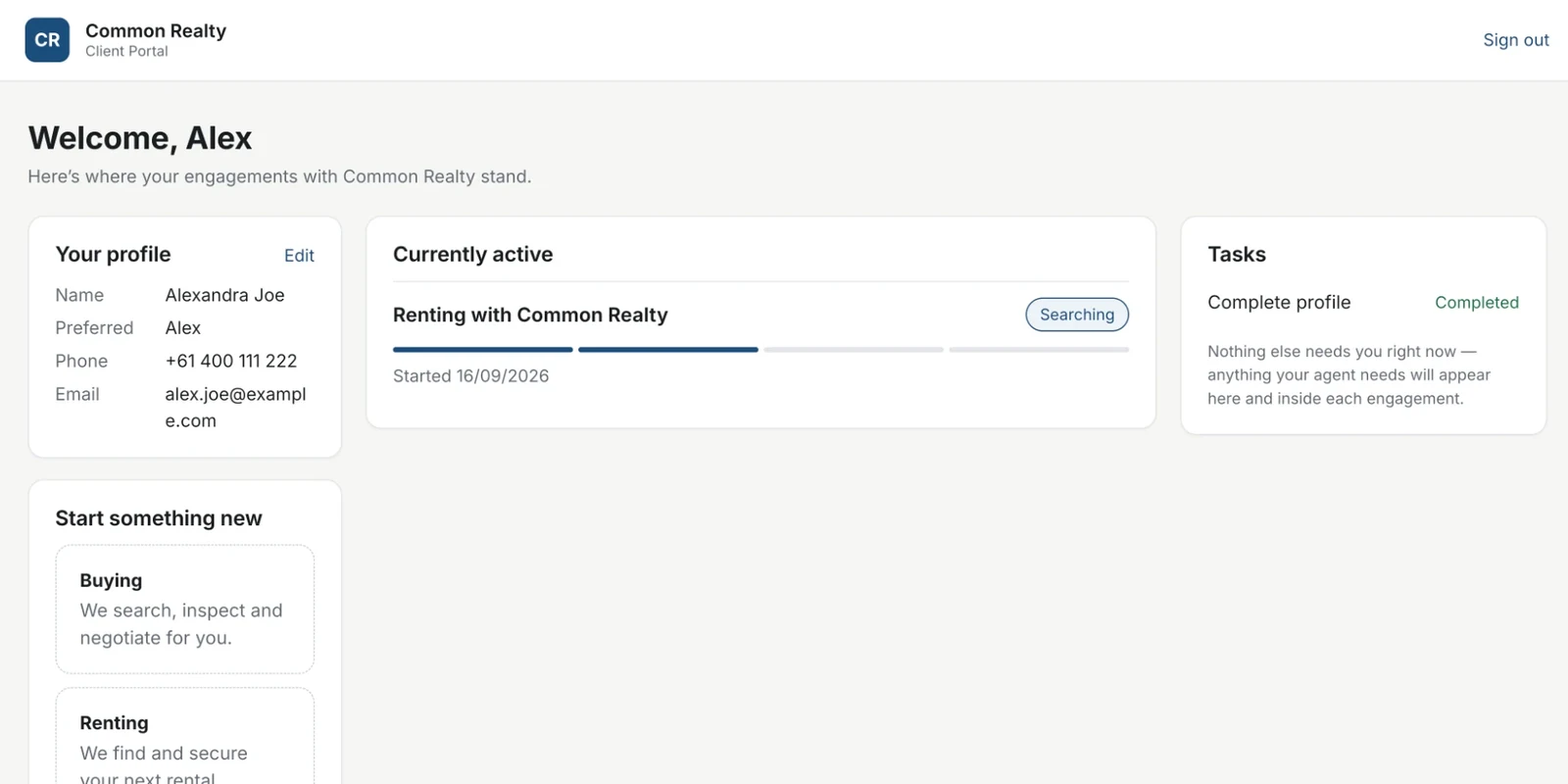 Screenshot of the Common Realty client portal dashboard