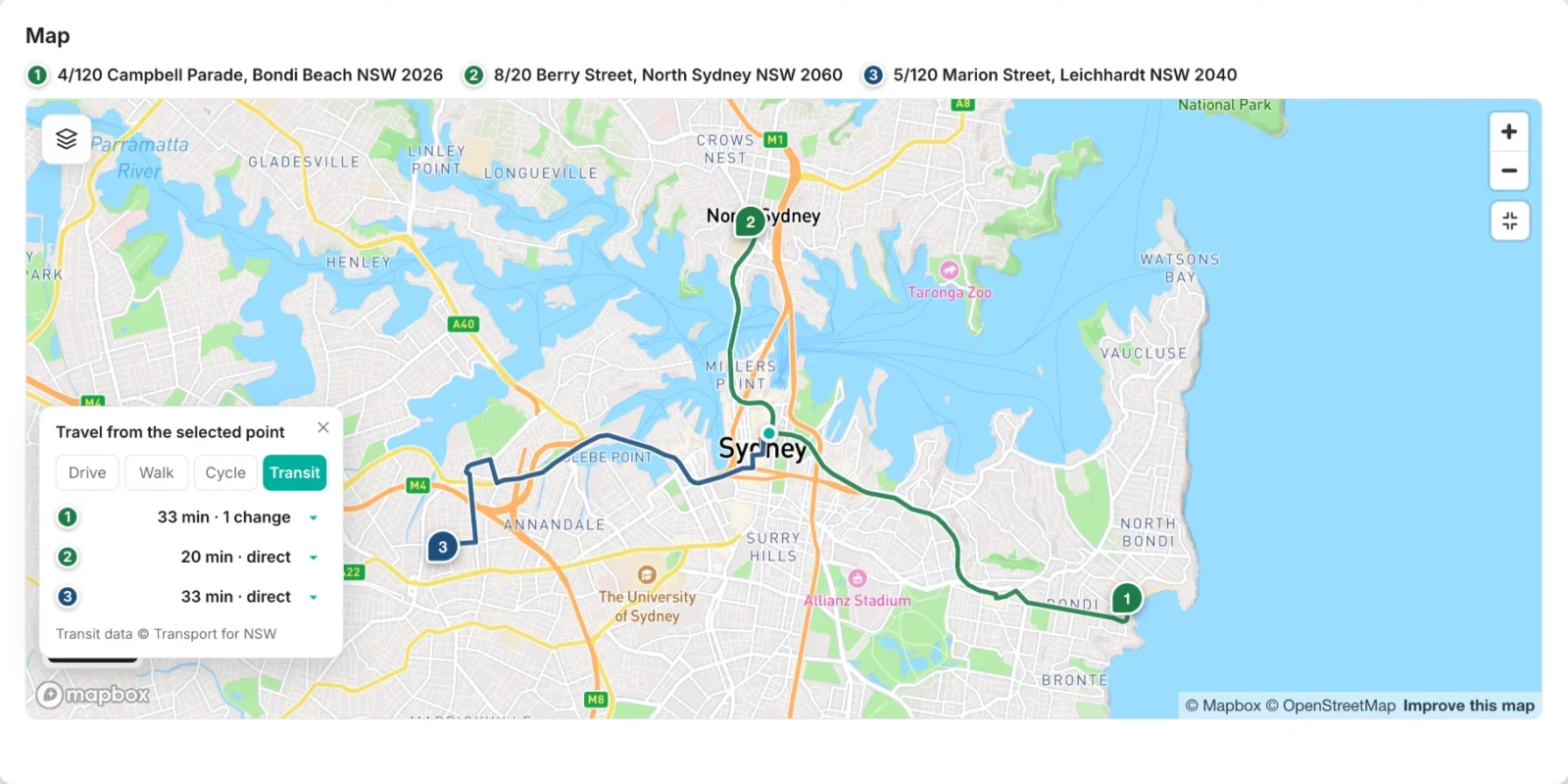 Screenshot of the client portal map view showing shortlisted properties across Sydney