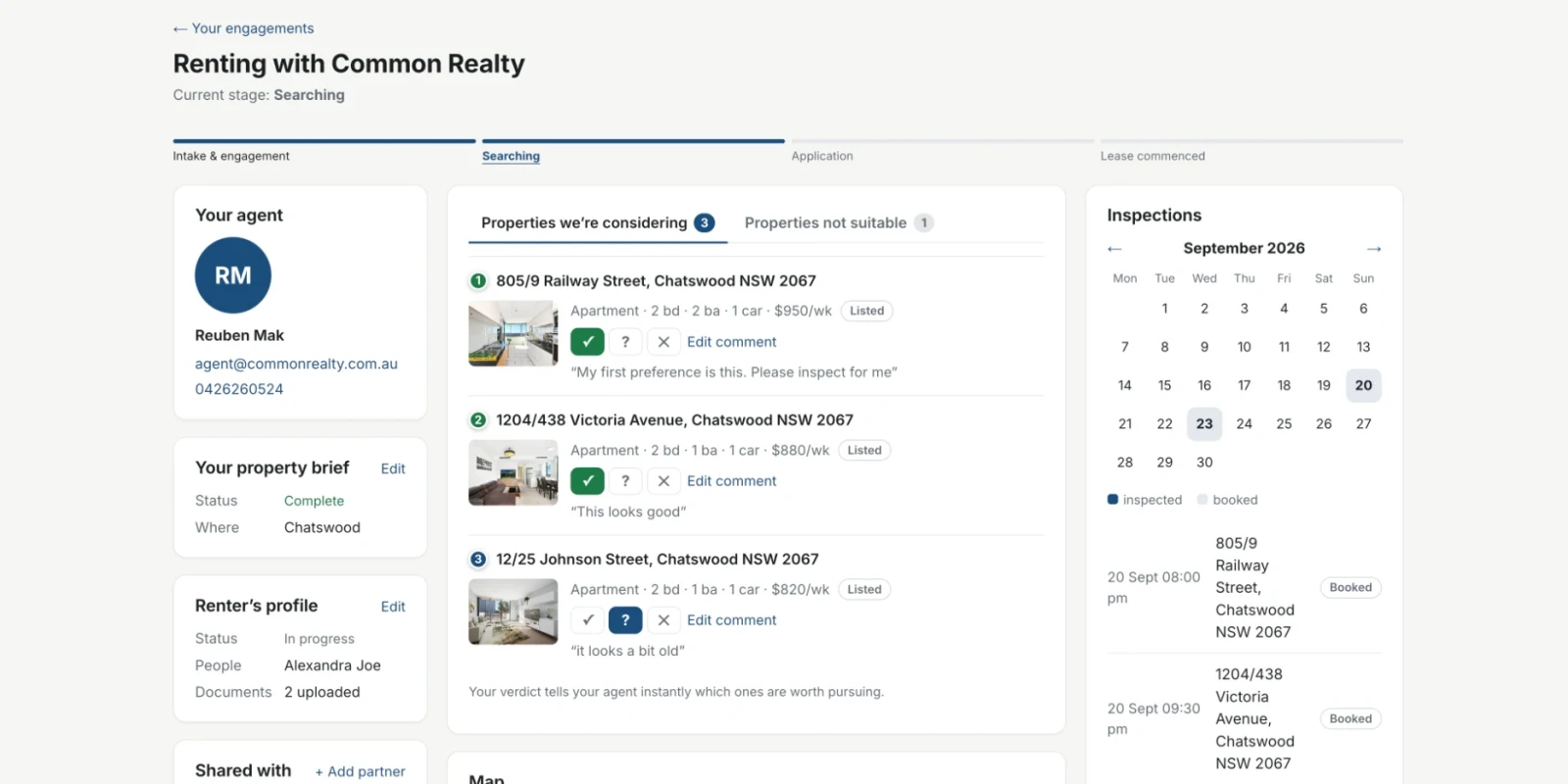 Screenshot of the client portal shortlist, showing properties with thumbs-up and thumbs-down reactions